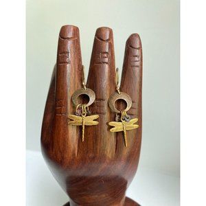 Vintage Cottagecore Brass Damselfly Dragonfly Brass Dangle Drop Earrings